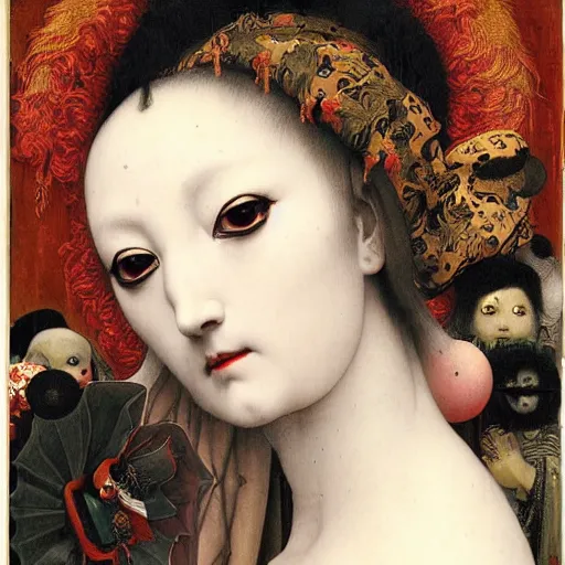 Prompt: front symmetric face of demon marble statue in japanese costume, victorian head dress, by jan van eyck, tom bagshaw, jean delville, william bouguereau, albrecht durer, symbolist painting, mysterious mood