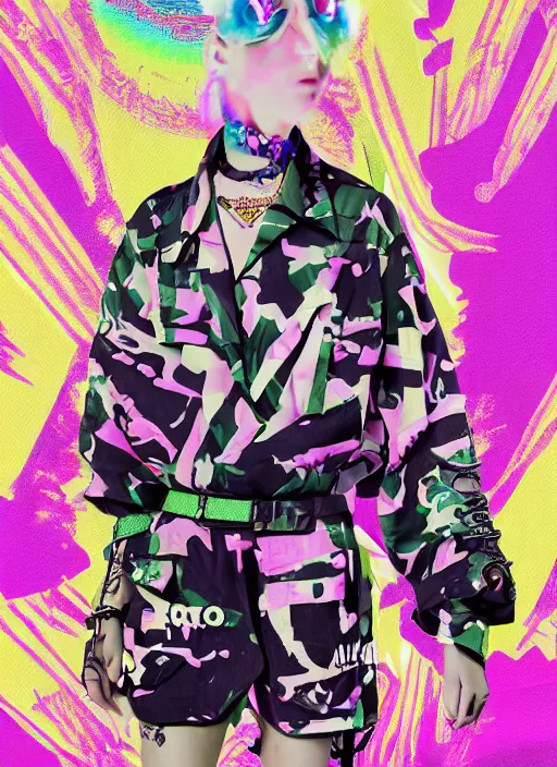 Image similar to vaporwave resort balenciaga military, hot topic, decora inspired, visual art