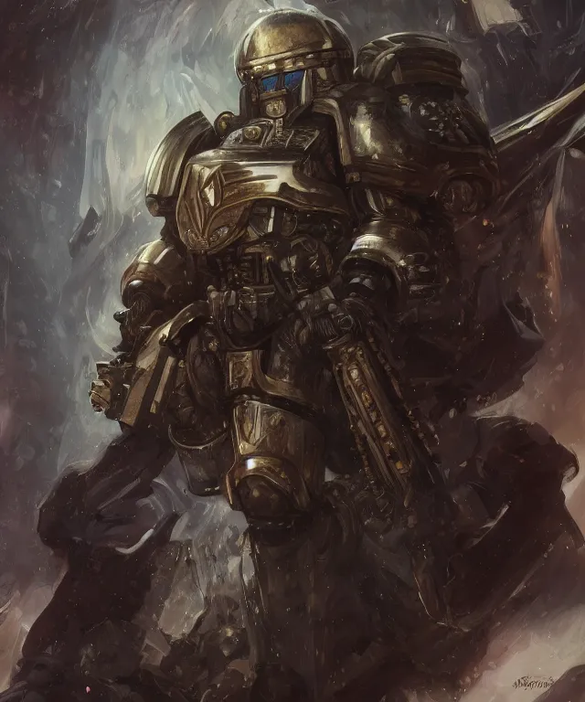 Image similar to morgan freeman as the warhammer 4 0 k space marine emperor, portrait, fantasy, intricate, elegant, highly detailed, digital painting, artstation, concept art, smooth, sharp focus, illustration, art by artgerm and greg rutkowski and alphonse mucha