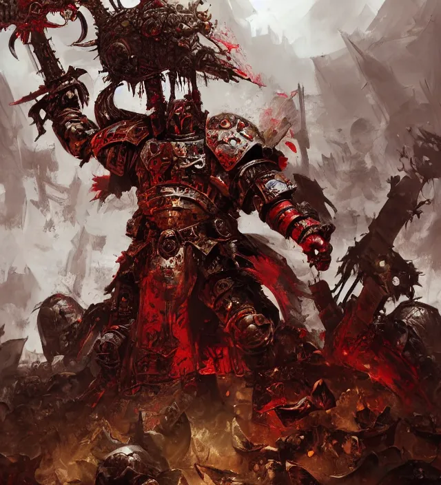 Prompt: battle scene portrait of armored heroes warhammer 4 0 k fight war fighting nurgle warrior, cesede, the chaos god of plague and decay, red chaos knight with cathedrals and columns, pestilence, champion, emperor, abbeys, elegant concept art by ruan jia