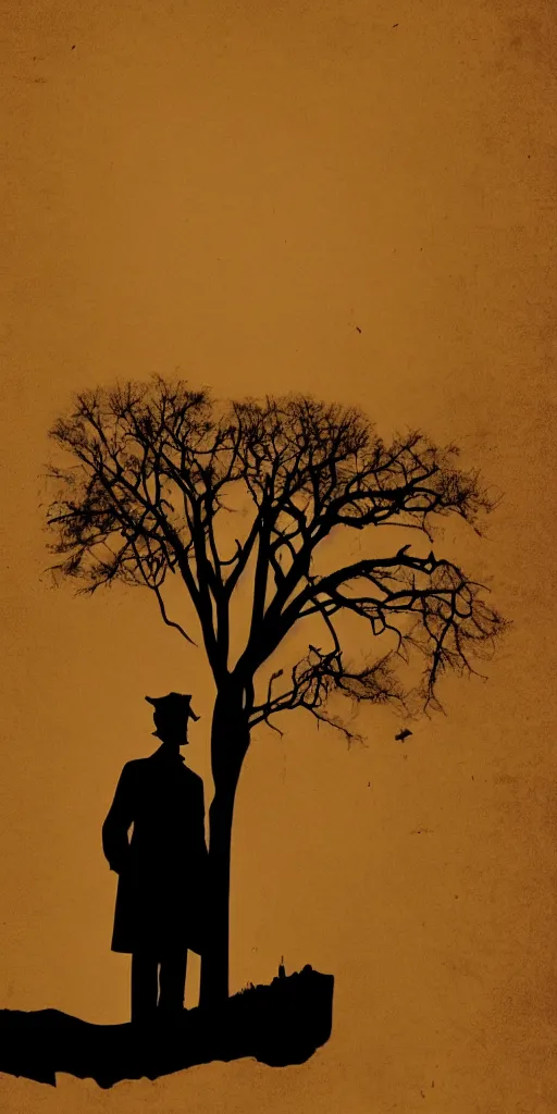 Prompt: a silhouette of Abe Lincoln standing behind a tree hiding from squirrels