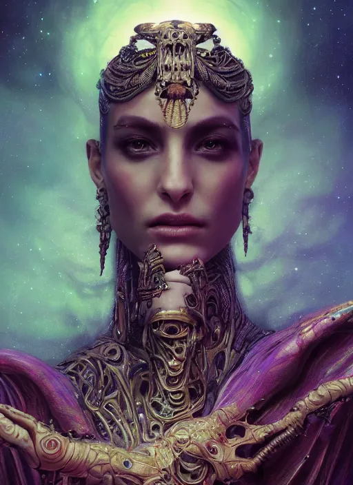 Image similar to epic portrait of menacing and anxious yet stunningly beautiful biomechanical djinn overseeing the iridescent fabric of the universe, by charlie bowater, mandy jurgens, gustav klimt, octane render, dramatic camera angle, 4k, 8k, high detail, HDR, by tom bagshaw, powerful, with inspiration from Beksinski