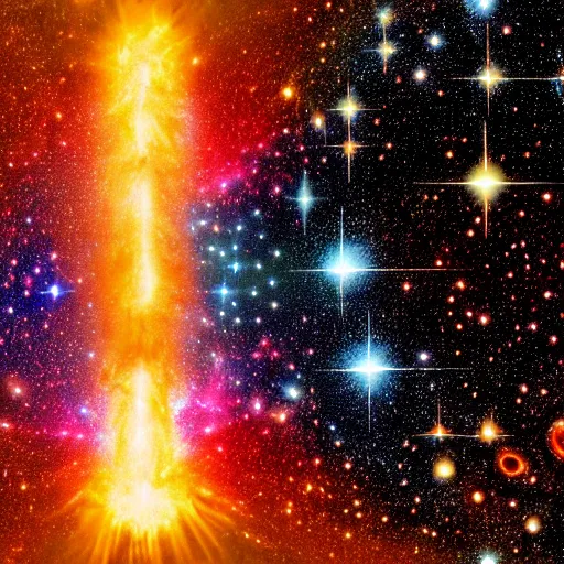 Image similar to the universal big bang, hyper detailed photo of a huge galactic explosion in all directions for infinity