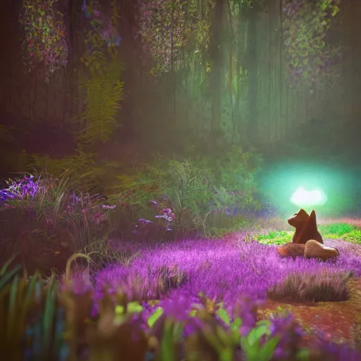 Image similar to flower alaskan malamute playing in a bioluminescent forest at dusk, octane render, unreal engine, colorful, beautiful