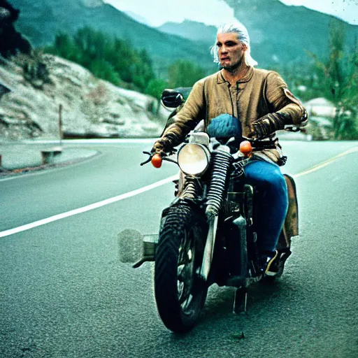 Prompt: geralt riding a motorcycle, cinestill 800t 50mm