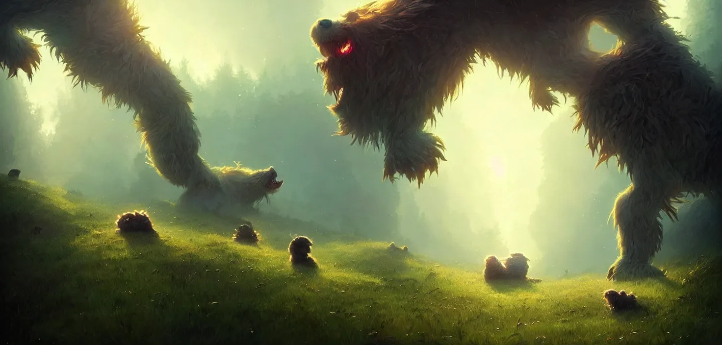 Prompt: shaggy fluffy cute 🥰 monsters glowing eyes, detailed, concept art, low angle, high detail, warm lighting, volumetric, godrays, vivid, beautiful, trending on artstation, by jordan grimmer, huge scene, grass, art greg rutkowski