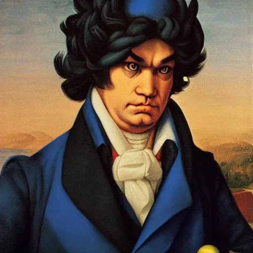 Image similar to a beethoven-koopa-hybrid with blue-hair and a sceptor baton for orchestrating his symphony by Raphael, Hopper, and Rene Magritte. detailed, romantic, enchanting, trending on artstation.