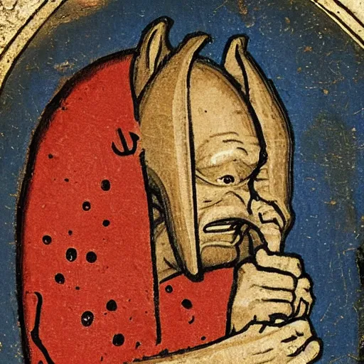 Image similar to medieval portrait of a goblin stabbed by a beautiful sword, simple