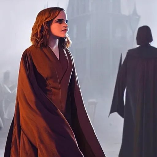 Prompt: Emma Watson as minister of magic, wizard robes, being escorted from office by mysterious man with his face in shadows, bystanders standing behind pillars watching in silence, magic wands at the ready,