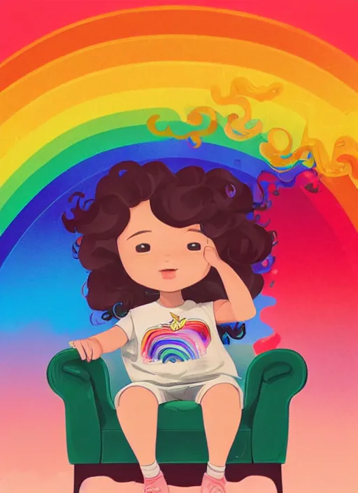 Image similar to a little girl with wavy curly rainbow hair sitting in an armchair. clean cel shaded vector art. shutterstock. behance hd by lois van baarle, artgerm, helen huang, by makoto shinkai and ilya kuvshinov, rossdraws, illustration, art by ilya kuvshinov