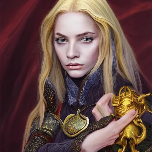 Image similar to high quality high detail portrait of a young gorgeous female warlock, fantasy, d & d, painting by lucian freud and mark brooks, hd