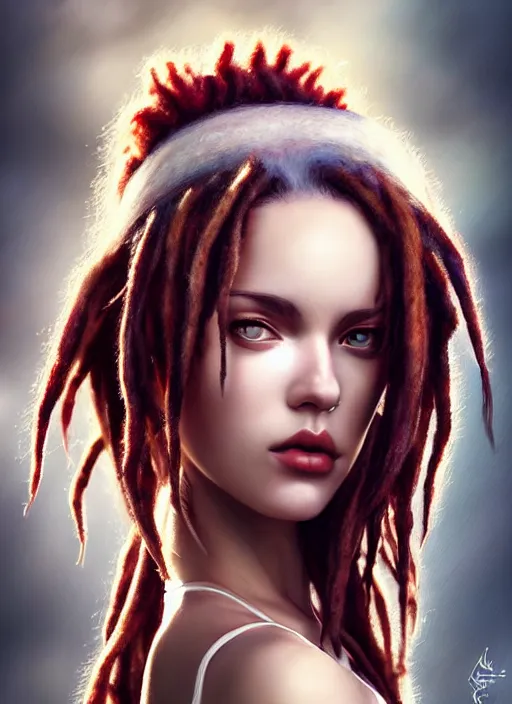 Image similar to photograph of gorgeous woman with half white half red dreadlocks in the style of stefan kostic, realistic, half body shot, sharp focus, 8 k high definition, insanely detailed, intricate, elegant, art by stanley lau and artgerm, foggy backgeound