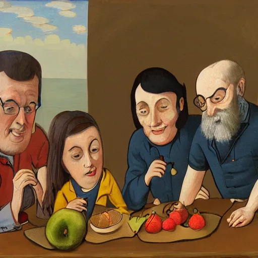 Prompt: painting of scientists comparing different kinds of fruit,