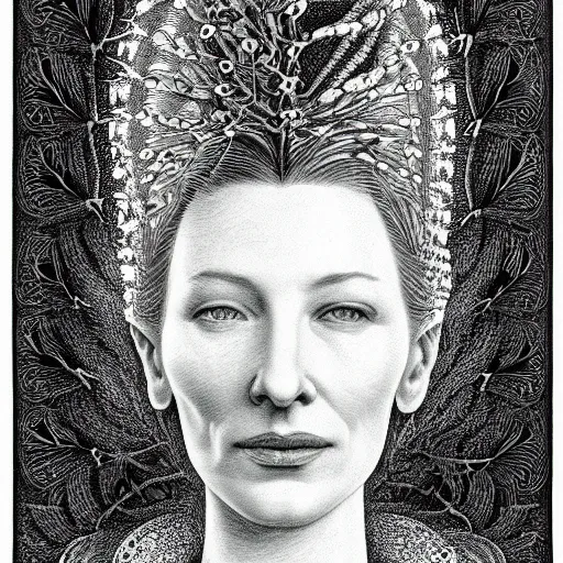 Prompt: Detailed drawing of cate blanchett by Ernst Haeckel