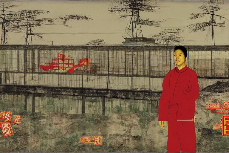 Image similar to a chinese prison near a river by peter doig, overlaid with chinese adverts