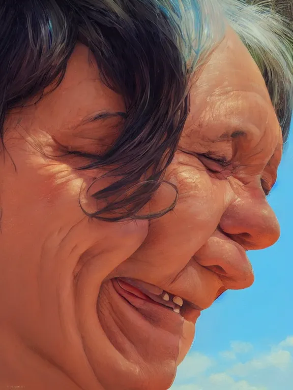 Image similar to an ultradetailed beautiful portrait painting of an older cuban woman smiling with closed eyes whilst enjoying the sun, side view, oil painting, high resolution, by ilya kuvshinov, greg rutkowski and makoto shinkai
