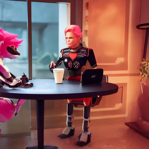 Image similar to captain janeway sharing coffee with a robotic fox with pink hair, inside a french cafe, 3 d render, hdr 8 k octane engine, unreal engine 5