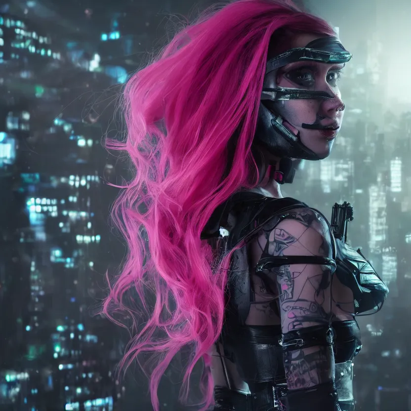 Image similar to stunning young cyberpunk girl + pink hair + black hoddy + flury skirt, living her dreams, mysterious, atmospheric, cinematic, Epic, 8k, 4k, ultra detail, ultra realistic, rendered by awesomeness