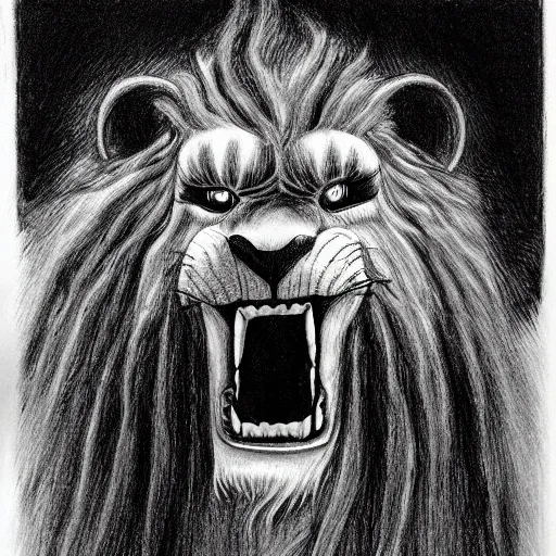 Prompt: Black and white drawing of Mufasa\'s death, Long live the king, Stephen Gammell style, evil, high detail, Scary Stories