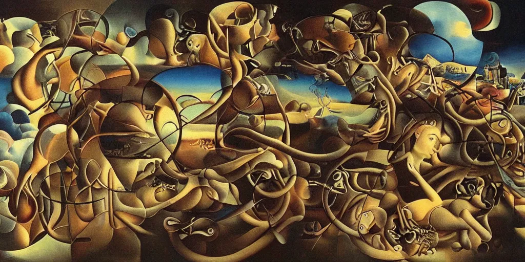 Image similar to Pure chaos of the mind wondering throught the universe, surrealism