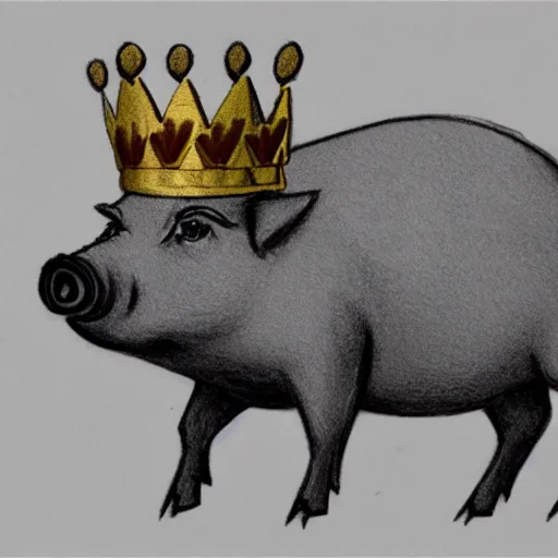 Prompt: concept sketch of a pig wearing a gold crown 1940s cartoon, super realistic, 8k