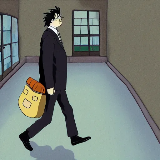 Prompt: still from studio ghibli movie My Neighbor Totoro, Hayao Miyazaki,barn owl in a black suit wearing an office bag going to the office, symetrical face,digital oil painting