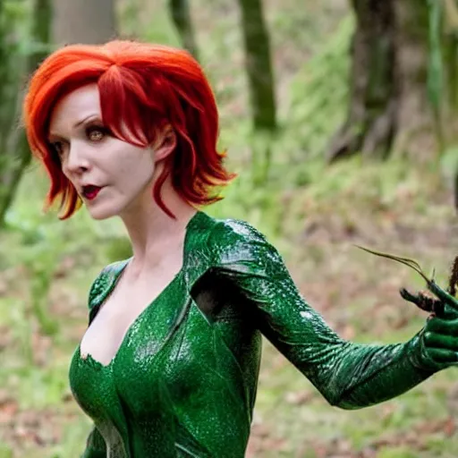 Image similar to elizabeth kucinich as poison ivy, cinematic still shot,