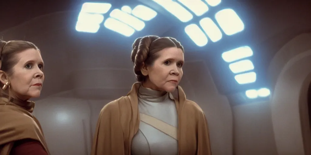 Image similar to a full color still of Carrie Fisher as Leia Organa as a regal Senator in the Galactic Senate talking to an alien, cinematic lighting, 1999, directed by Steven Spielberg, 35mm