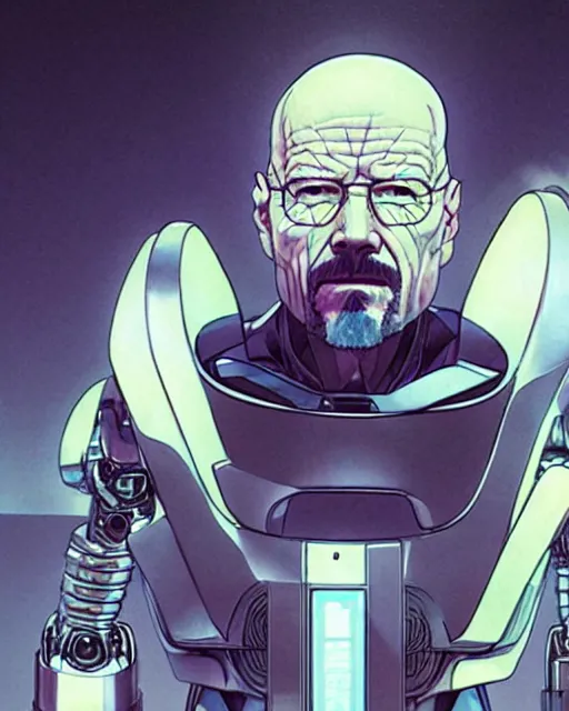 Image similar to portrait of walter white as a robot, cybernetic enhancements, art by makoto shinkai and alan bean, yukito kishiro