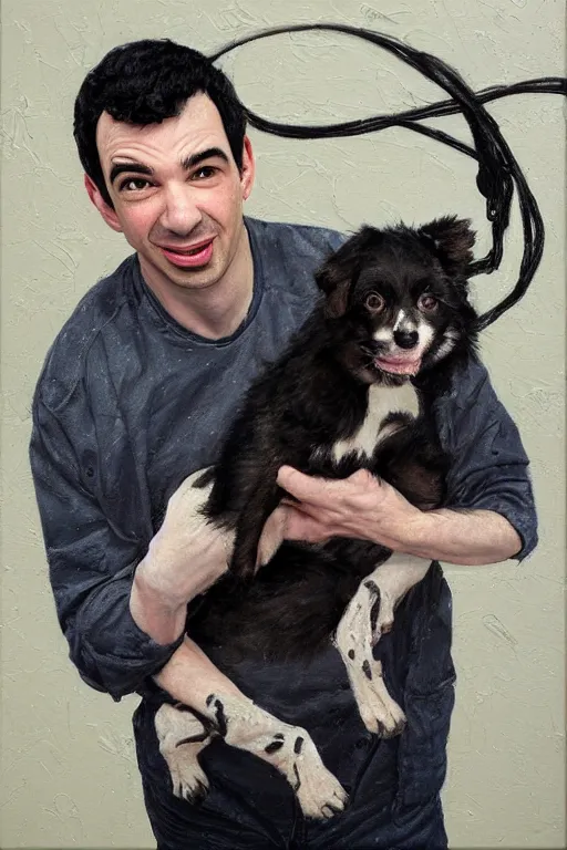 Image similar to painting by jon hale of nathan fielder holding pupper strings, masterminding, paint streaks, action lines!!!, visible texture, blurry, blurred