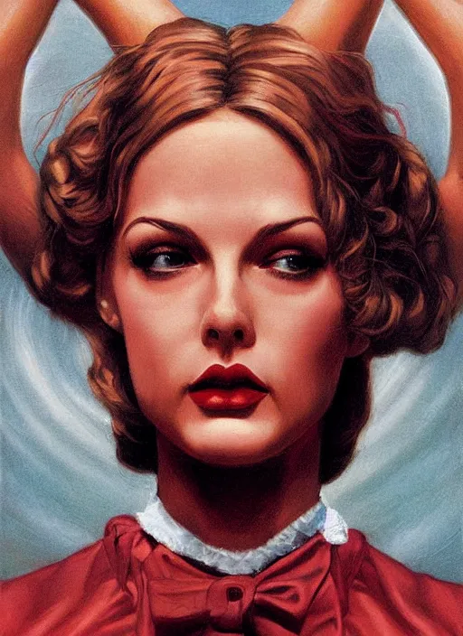 Image similar to twin peaks poster art, portrait of talyor swift cheerleader by michael whelan, rossetti bouguereau, retro, nostalgic, old fashioned