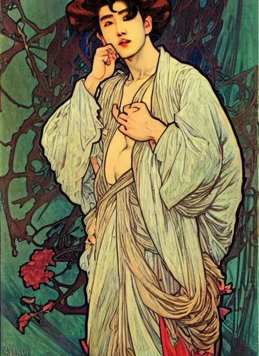 Image similar to cai xukun by james jean, manuel sanjulian, alphonse mucha