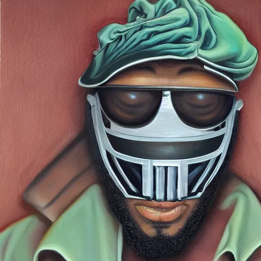 Prompt: beautiful lifelike painting of mf doom showcases his prized collection of rhymes like dimes, hyperreal detailed facial features and uv lighting, art by ed roth and basil wolverton