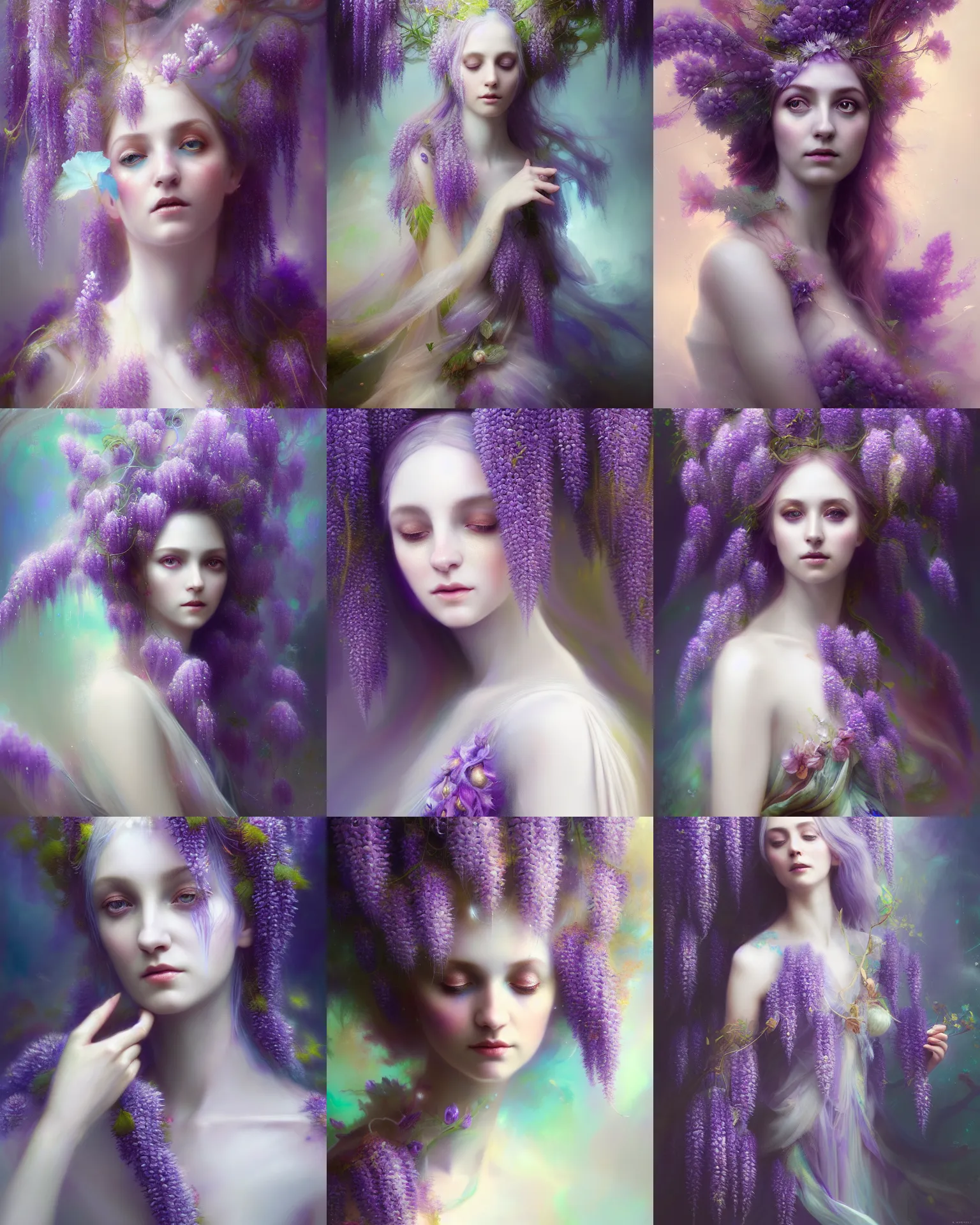 Image similar to Full View Portrait Mystical ethereal wisteria deity wearing beautiful dress, wisteria Dryad, 4k digital masterpiece by Anna dittman and Ruan Jia and Alberto Seveso, fantasycore, Hyperdetailed, realistic oil on linen, soft lighting, wisteria background, featured on Artstation