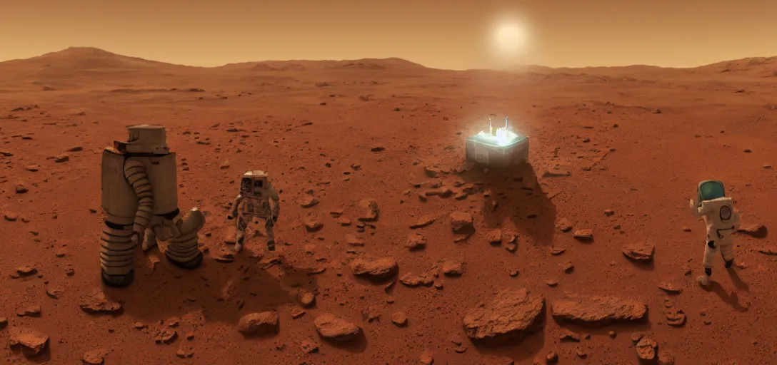 Image similar to a surreal painting of a primitive man meeting an astronaut on the surface of mars, volumetric lighting