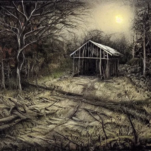 Image similar to a crumbling shed in the woods at night by simon bisley