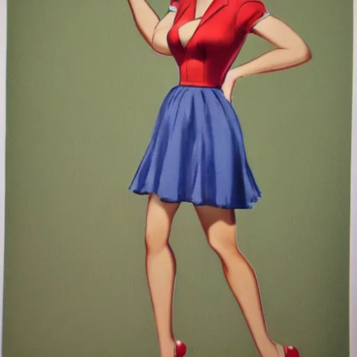 Image similar to full body pin up post war dressing a military unioform,with a park in the back ground, water color, Gil Elvgren style