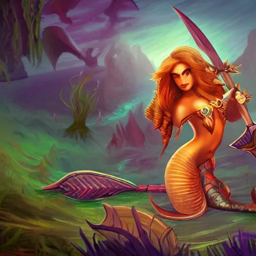 Prompt: fantasy mermaid warrior holding a sharp trident, sea background with sea weeds and small sea creatures, rpg, dota 2 art