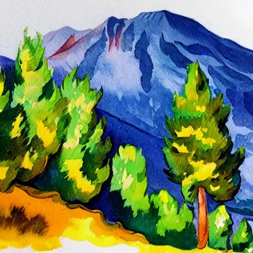 Prompt: fauvism artstation watercolor landscape, mountain with pine trees.