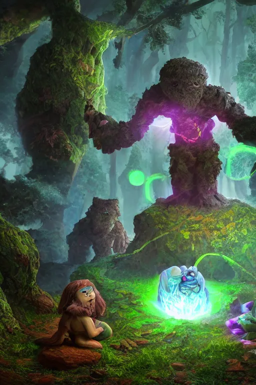 Image similar to arcane fantasy art giant golem elemental wood rock bastion forged gemstone enchanted forest troll, global illumination ray tracing hdr fanart arstation by sung choi and eric pfeiffer and gabriel garza and casper konefal lisa frank zbrush central hardmesh radiating a glowing aura