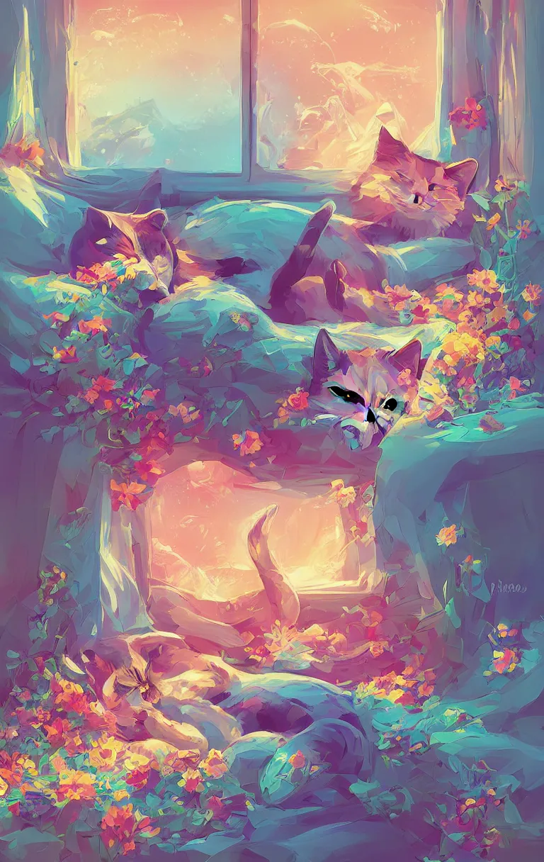 Image similar to a digital art of a cat sleeping in the room with flowers around in the afternoon, the sun shines in, animal, light effect, highly detailed, by anton fadeev