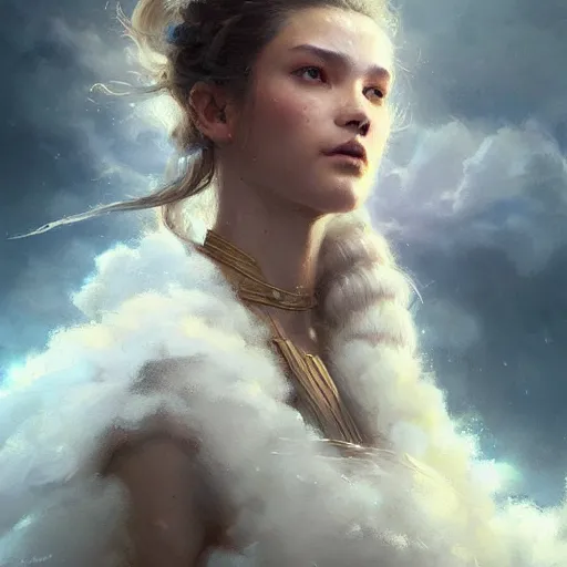 Image similar to a beautiful portrait of a cloud goddess by Greg Rutkowski and Raymond Swanland, Trending on Artstation, ultra realistic digital art