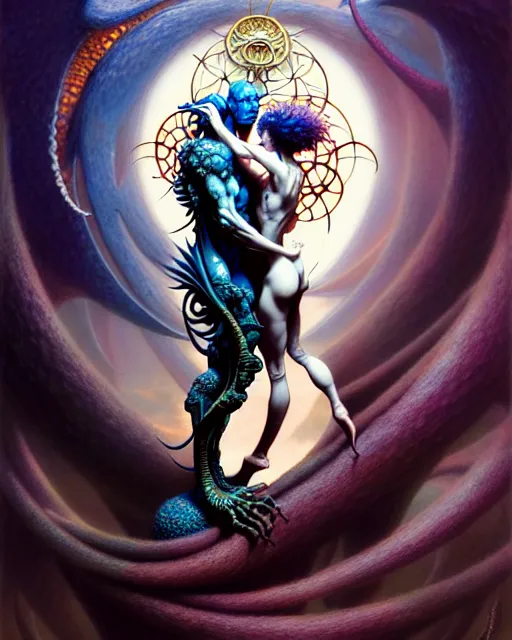 Prompt: the lovers embracing, tarot card, fantasy character portrait made of fractals, ultra realistic, wide angle, intricate details, the fifth element artifacts, highly detailed by peter mohrbacher, hajime sorayama, wayne barlowe, boris vallejo, aaron horkey, gaston bussiere, craig mullins