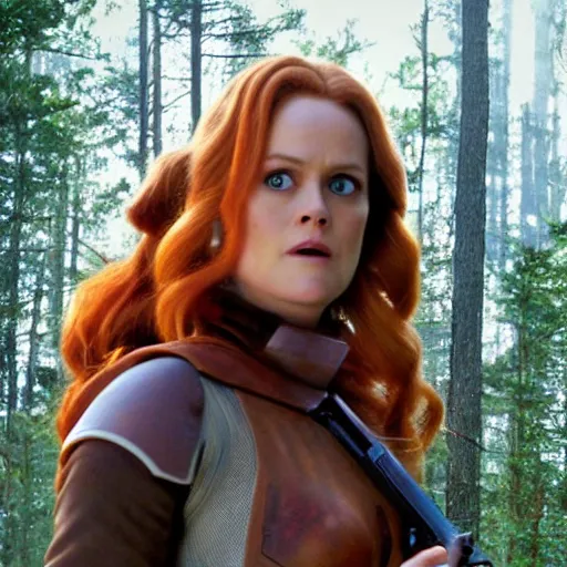 Prompt: close - up movie still of cute redhead alicia silverstone as bounty hunter mara jade on the forested mountain planet wayland in star wars episode vii : heir to the empire