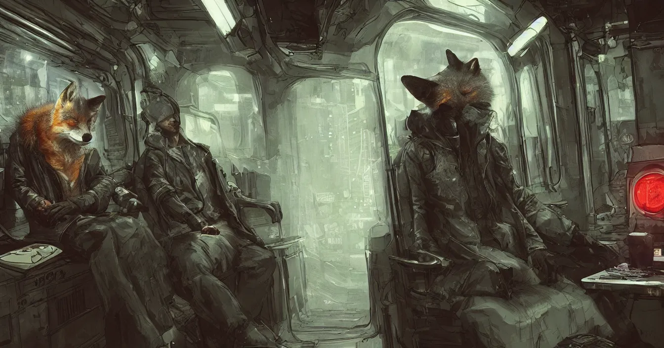 Image similar to Imagination of intelectual homeless fox with hood over head and old coat, sits on a dirty cold seat in a old cyberpunk subway car, cyberpunk 2077, amazing digital art