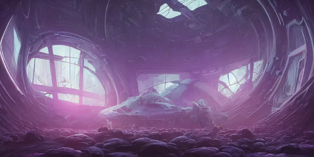 Prompt: alien ship interior with circular windows, natural starlight, bright colors, romantic greenery, purple flowers, cinematic, cyberpunk, smooth, chrome, lofi, nebula, calming, dramatic, fantasy, by Moebius, by zdzisław beksiński, cyberpunk LUT, high contrast, epic composition, sci-fi, dreamlike, surreal, angelic, 8k, unreal engine, hyper realistic, fantasy concept art,