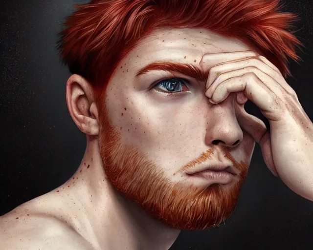 Image similar to portrait short and stocky of 1 9 - year - old male twins with red hair and freckles, two male, wearing shirts,, hyper realistic face, beautiful eyes, character art, art by mark brooks, hyperdetailed, cryengine, trending on artstation, digital art