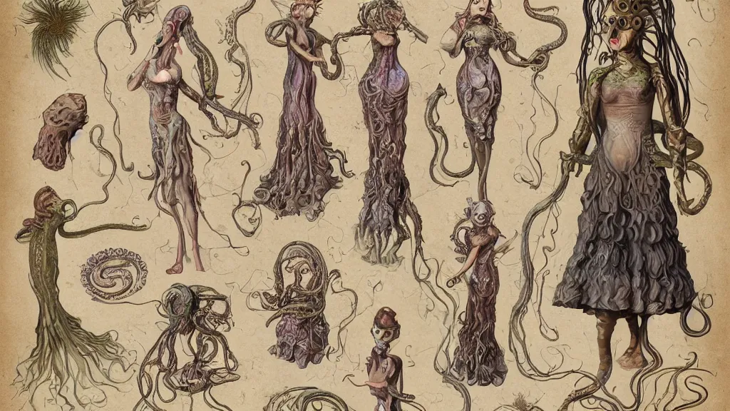 Image similar to aged paper, colorful character sheet for a stocky alien extraterrestrial female servant maid with thick snake - like tentacles instead of hair, long dress with apron, ernst haeckel, coherent, illustration, digital art, trending on artstation, hd, 8 k, good lighting, beautiful, rough paper, masterpiece