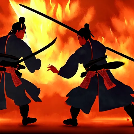 Image similar to Two samurais with flaming swords fighting, 8k, concept art, elegant, cinematic lighting, detailed painting