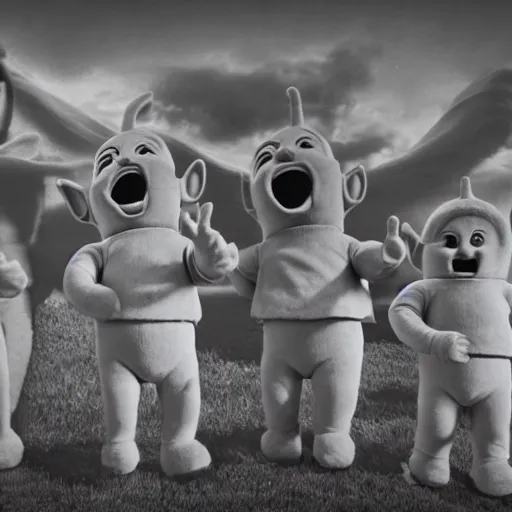 Image similar to A group of 4 Teletubbies, laughing as they make a human sacrifice for their demonic cult in their Teletubby temple. Highly detailed, rendered in unreal engine 5, daguerreotype portrait.